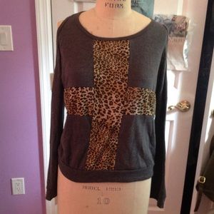 Gray Cross Cheetah Print Long Sleeve